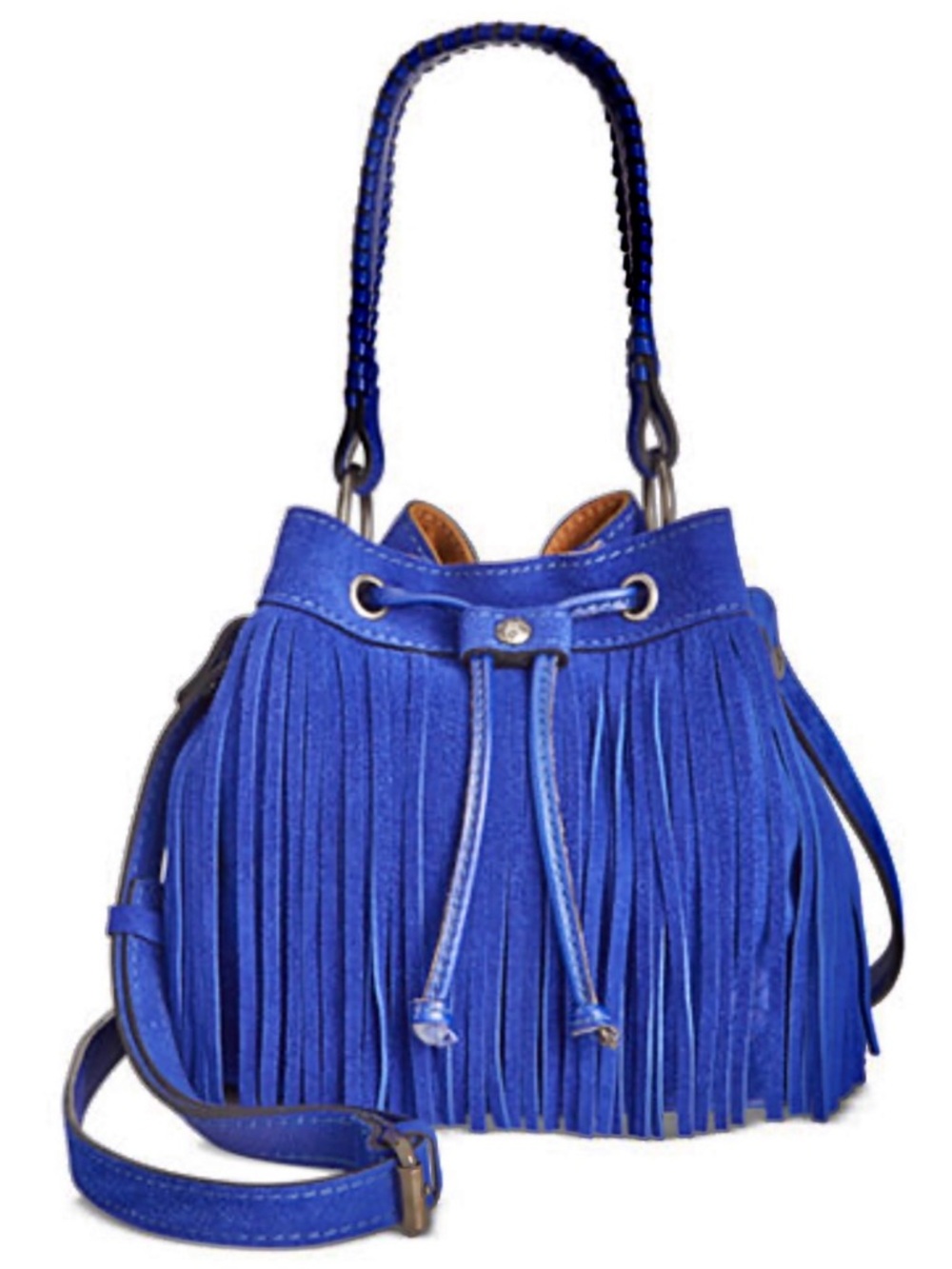 Patricia Nash Elisa Fringe Bucket Bag in royal electric blue suede Boho Trendy